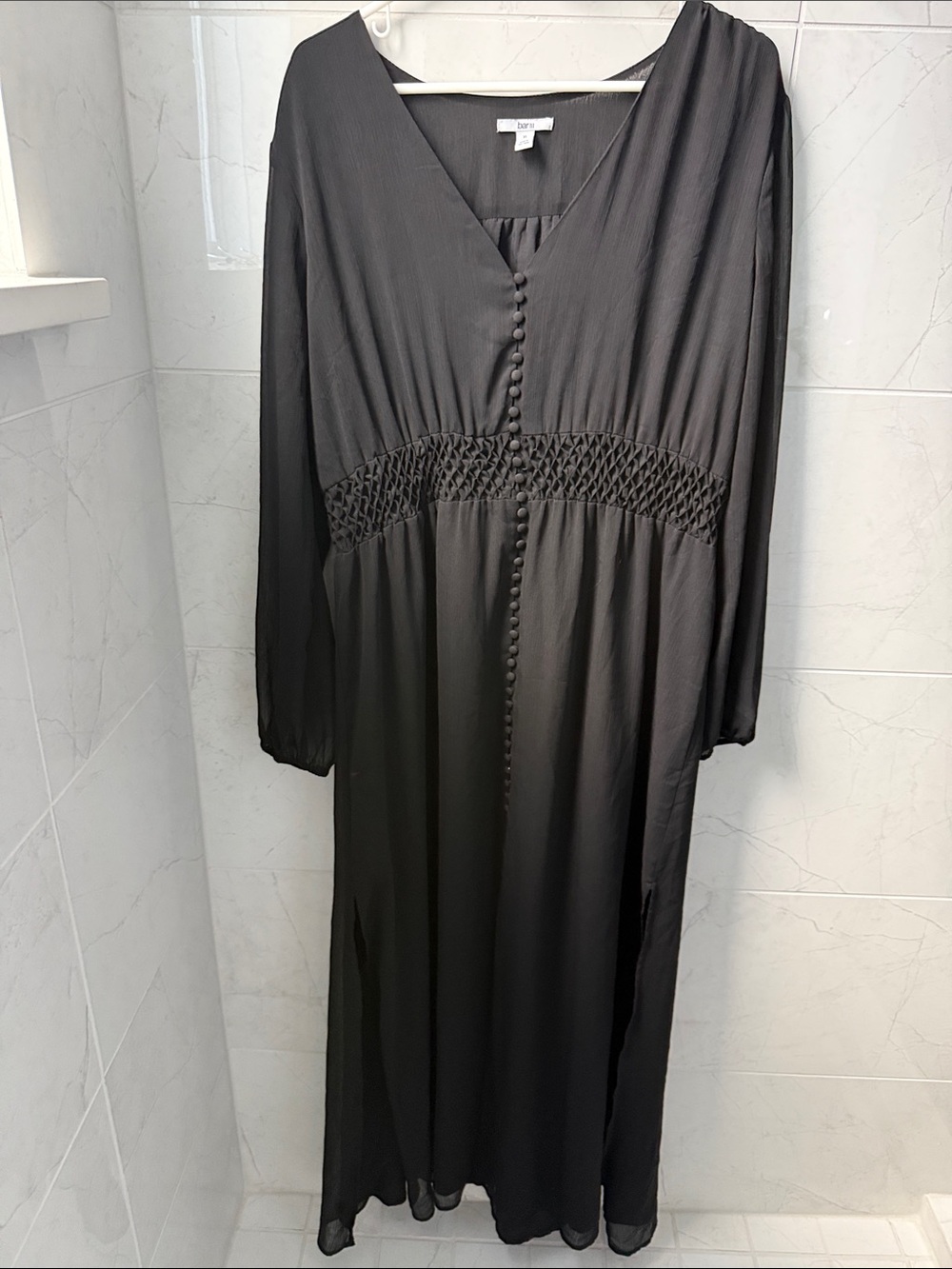 Bar III Black Long Sleeve Maxi Dress with Smocked Waist
